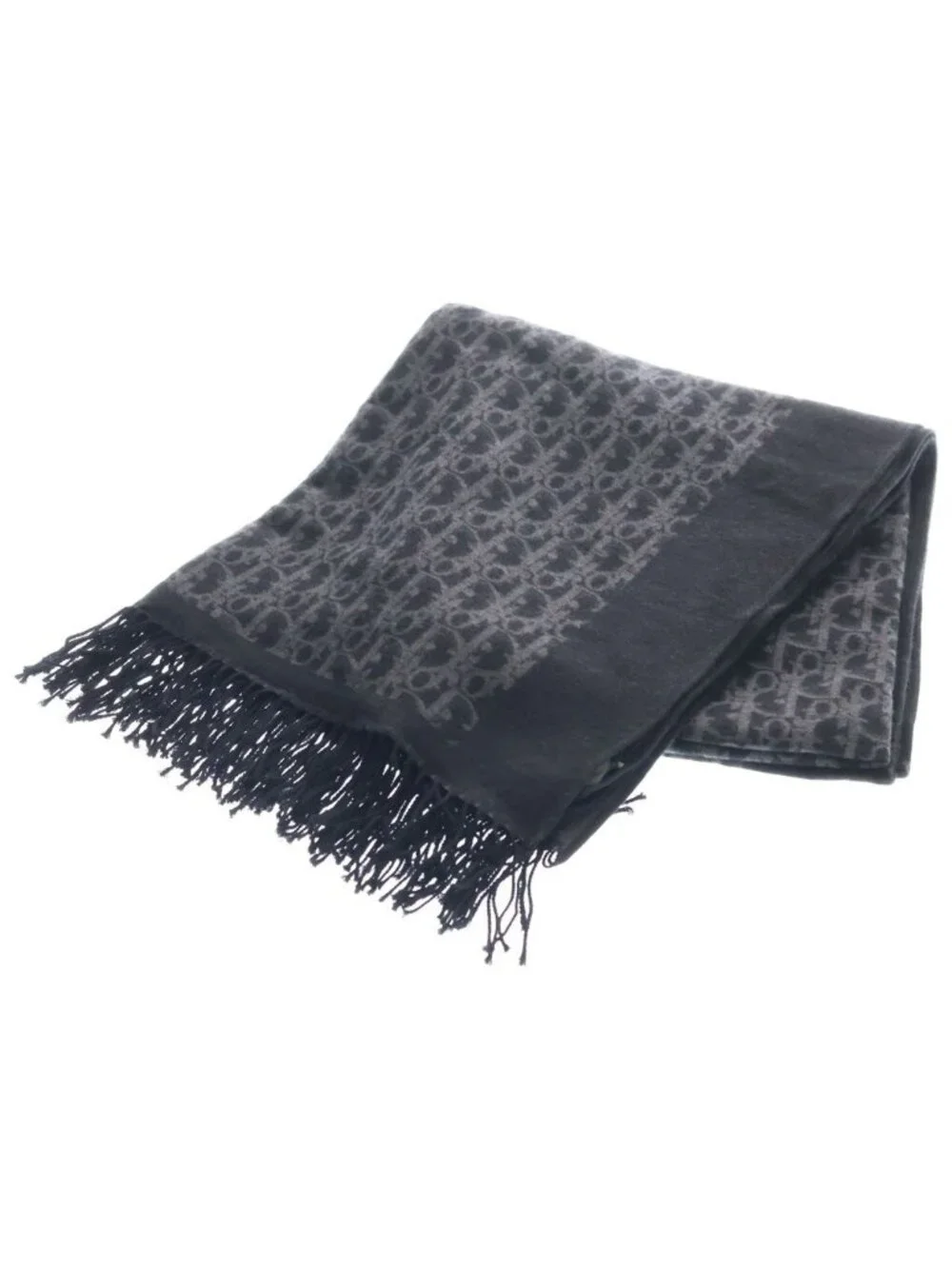 Dior Oblique All Over Wool Fringe Large Shawl Black Scarf